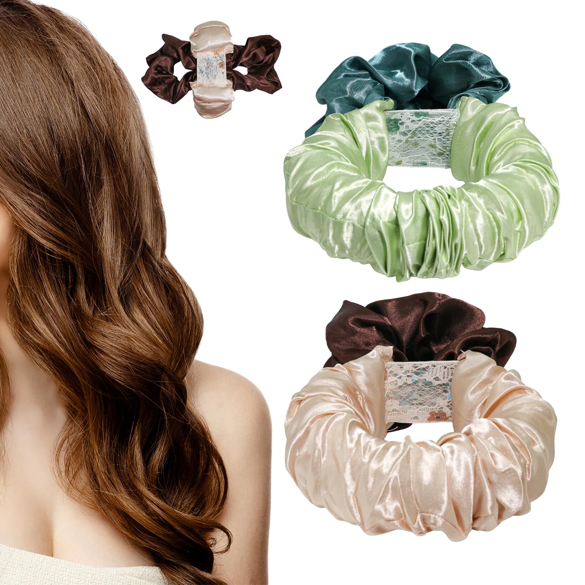 Photo 1 of 2 Pack Heatless Hair Curler Overnight to Sleep In,Heatless Curling Scrunchie for Women Soft Silk Lazy Rollers Headband for Long Hair Overnight. (Green+Brown, normal)