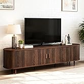 OneBlis 70" Mid Century Modern TV Stand, Wood TV Consoles with Sliding Doors and Power Outlet, Entertainment Center with Adjustable Shelves, Fluted TV Stands for Living Room, Walnut