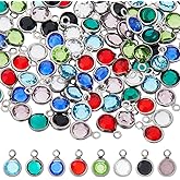 Hobbspring 112pcs Crystal Birthstone Pendants 8 Colors Round Glass Rhinestone Charms Stainless Steel Crystal Charms with Jump Rings for Jewelry Necklace Bracelets Earrings Making