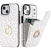 HAOPINSH for iPhone 13/ iPhone 14 Wallet Case with Card Holder, 360°Rotation Ring Kickstand, White Leopard Cheetah Pattern, RFID Blocking Leather for Girls Women, Double Buttons Flip 6.1"
