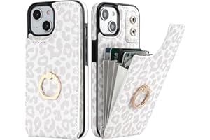 HAOPINSH for iPhone 13/ iPhone 14 Wallet Case with Card Holder, 360°Rotation Ring Kickstand, White Leopard Cheetah Pattern, RFID Blocking Leather for Girls Women, Double Buttons Flip 6.1"