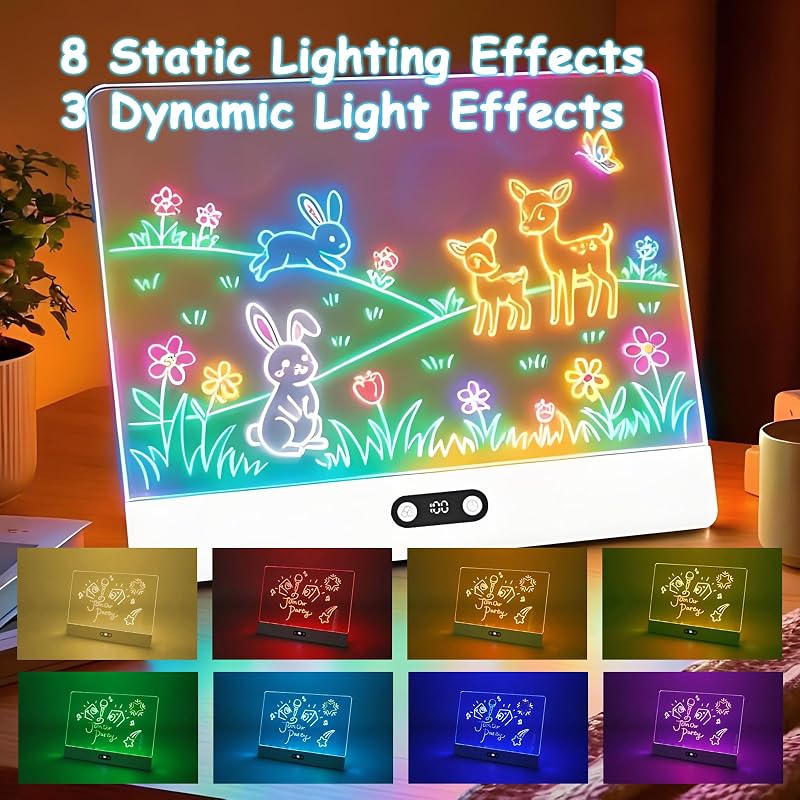 Planche à dessin LED,Tableau lumineux LED Enfants Rechargeable,35 x 26 cm,8 Couleurs et 3 Modes,Tablette lumineuse Dessin Enfant avec Support Intégré,Cadeau Créatif pour Enfants-Blanc — photo 3 sur 8