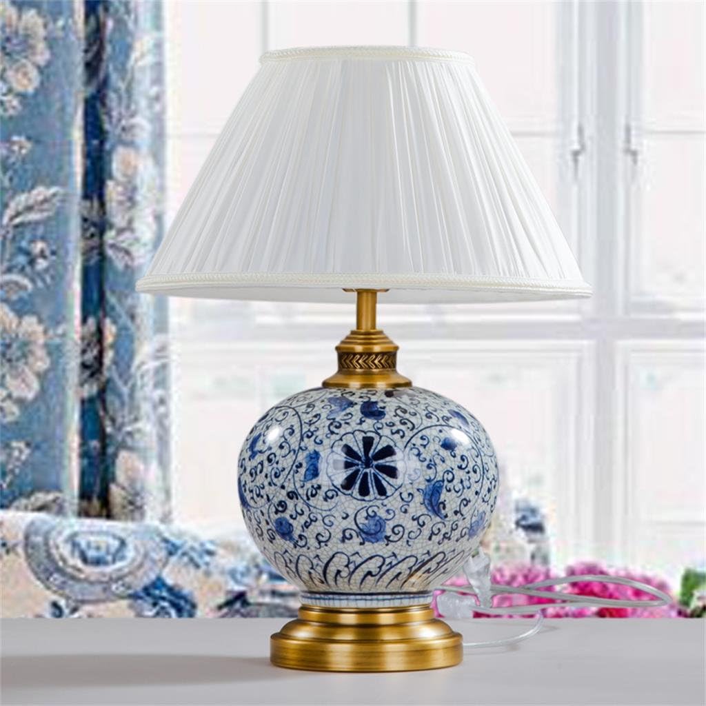 MILUCE Chinese Retro Copper Decorative Blue and White Porcelain Ceramic Table Lamp Bedside Lamp for Bedroom Living Room Study Room