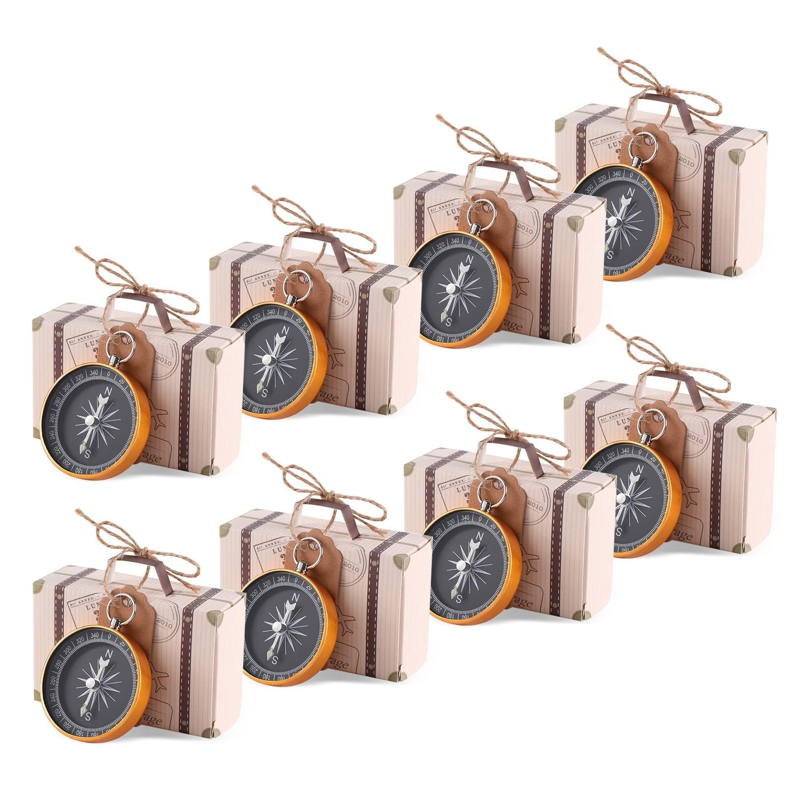 Mini Suitcase Favor Box,20Pcs Travel Themed Candy Boxes with Compass,Mini Suitcase Vintage Kraft Wedding Favours Boxes with Tags and Burlap Twine Candy Box for Wedding Bridal Christmas