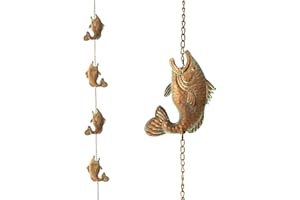 eUty 8.5ft Faux Copper Patina Finish Fish Shaped Rain Chain with V-Shaped Gutter Clip-9 Fish Replacement Gutter Downspout - Divert Water and Outside Decor