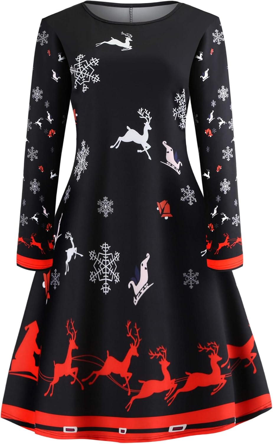 Soluo Women Christmas Long Sleeve Flared Dresses Santa Print A Line Party Dress Casual Tunic Tops Pullover at  Women’s Clothing store