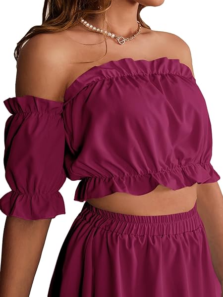LYANER WOMEN’S TWO PIECE OUTFITS OFF SHOULDER CROP TOP AND HIGH LOW SKIRT SET CRANBERRY RED SMALL
