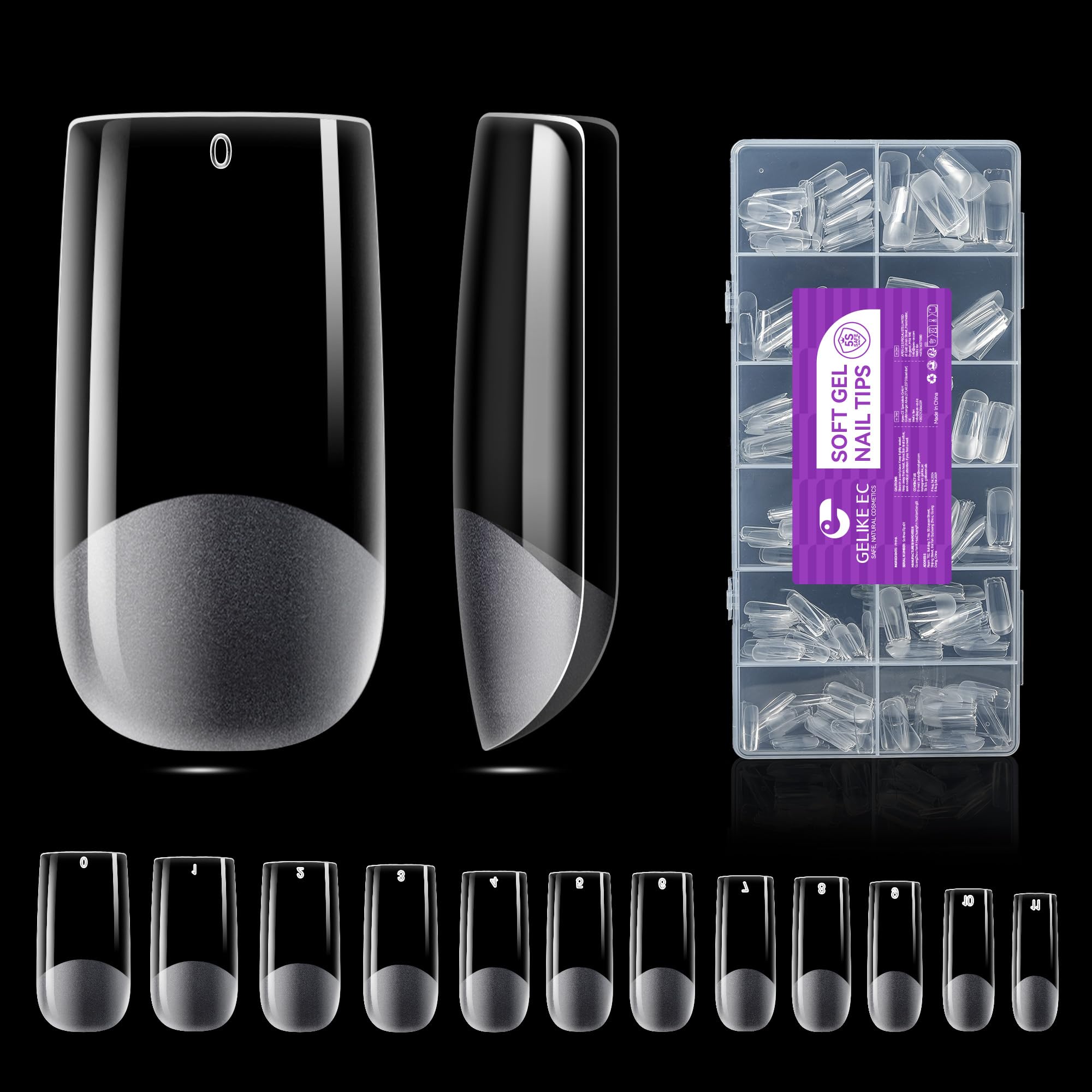 Gelike Ec Clear Nail Tips Kit - 552pcs, 11 Sizes (Medium Square), Soft Gel, Break Resistant, Soak Off — image 1