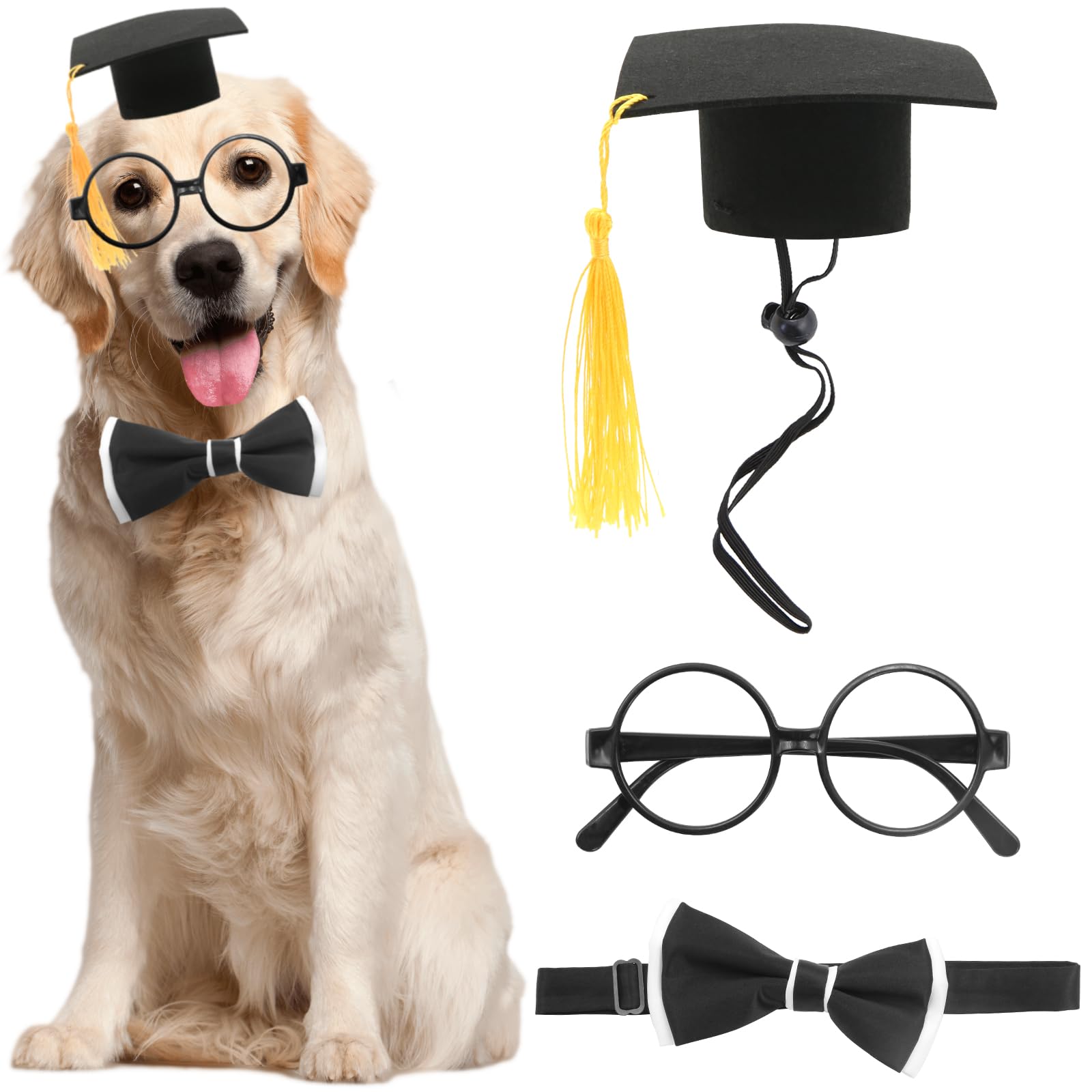 Pet Graduation Cosplay Outfit - 3 Pcs Set Include Dog Hat with Yellow Tassel, Bow Tie and Round Lensless Glasses for Puppy Party Costume Accessory