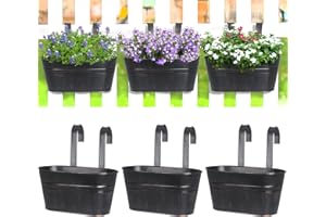 Timfuis 3 Pack Metal Railing Planters for Outdoor Plants,10.6 Inch Hanging Flower Pots with Detachable Hooks Drainage Holes for Balcony Deck Garden Home Decor, Black