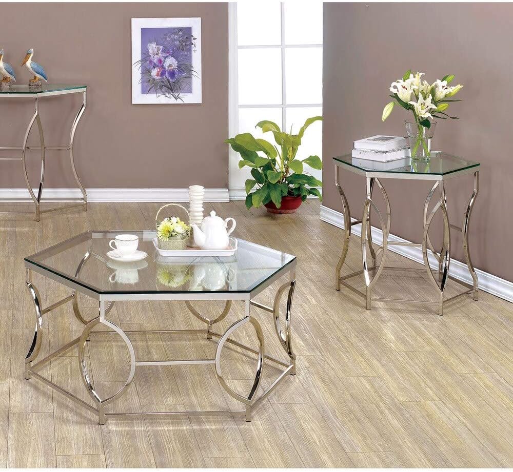 Furniture of America Martello Contemporary 2-Piece Chrome Glass Coffee Table Set