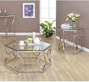 Furniture of America Martello Contemporary 2-Piece Chrome Glass Coffee Table Set