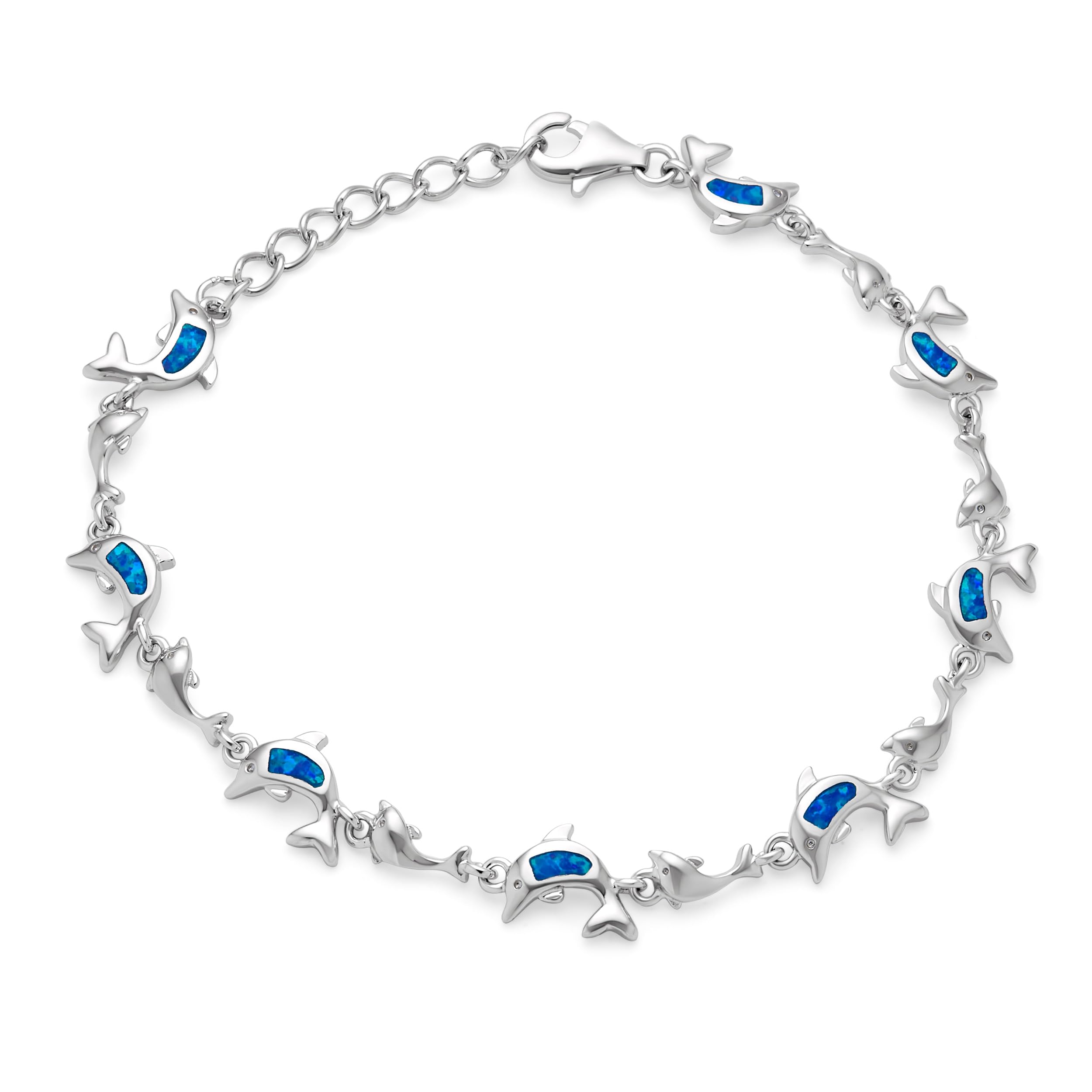 Bling Jewelry Nautical Tropical Beach Vacation Iridescent Blue Created Opal Inlay Multi-Charm Dolphins Bracelet Anklet Link For Women .925 Sterling Silver Adjustable 7.5-9 Inch