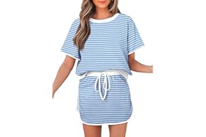 Opemiby Women's 2 Piece Sets Summer Casual Short Sleeve Tops and Matching Drawstring Skort Going Out Lounge Outfits