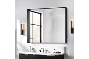 BONEWEI 36x40 inch Bathroom Mirror,Black Rectangle Mirror,Wall Mounted Bathroom Frame Vanity Mirror with Notches Corner for Bedroom,Living Room,Entryway Hangs Horizontally or Vertically