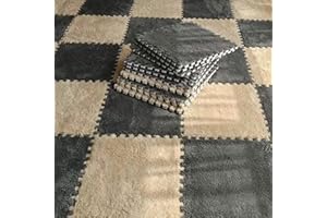 Typutomi 10pcs Plush Puzzle Foam Floor Mat, Soft Fluffy Interlocking Square Foam Tiles Area Rugs Carpet for Parlor Bedroom Decoration(11.8x11.8in, Grey & Light Brown)