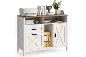 HALITAA Lateral File Cabinet with 2 Drawers and Door, Farmhouse File Cabinet for A4/Letter Size Hanging Files, Large Wood File Storage Cabinets Printer Stand with Open Space for Home Office Furniture, White