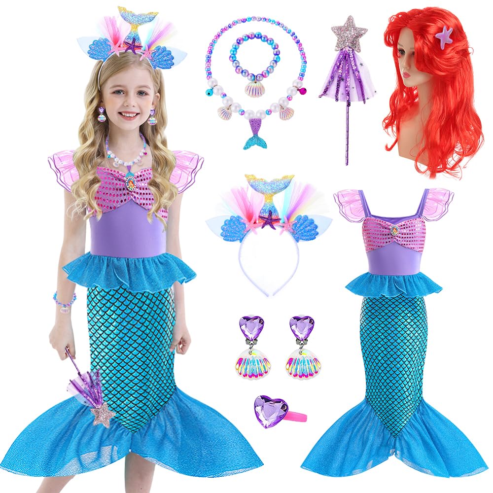 YYDSXK Mermaid Costume Kids, Mermaid Dress for Girls with Wig Necklace Set, Fancy Dress for Girl Gift, Mermaids Costumes for Carnival Cosplay Party Pageant