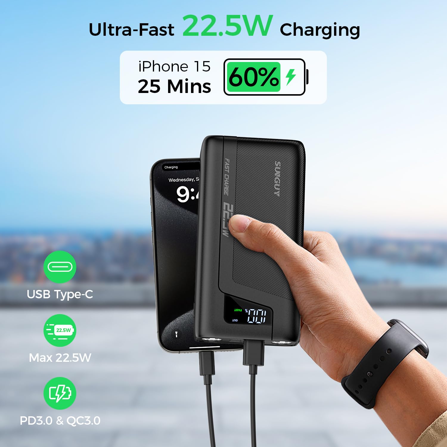 SUNGUY Power Bank 20000mAh, 22.5W Fast Charging USB C in & Out Battery Pack Charger Portable, PD3.0+QC4.0 LED Display External Battery Pack Cell Phone Charger for iPhone 16 Pro Max Samsung S24 Android