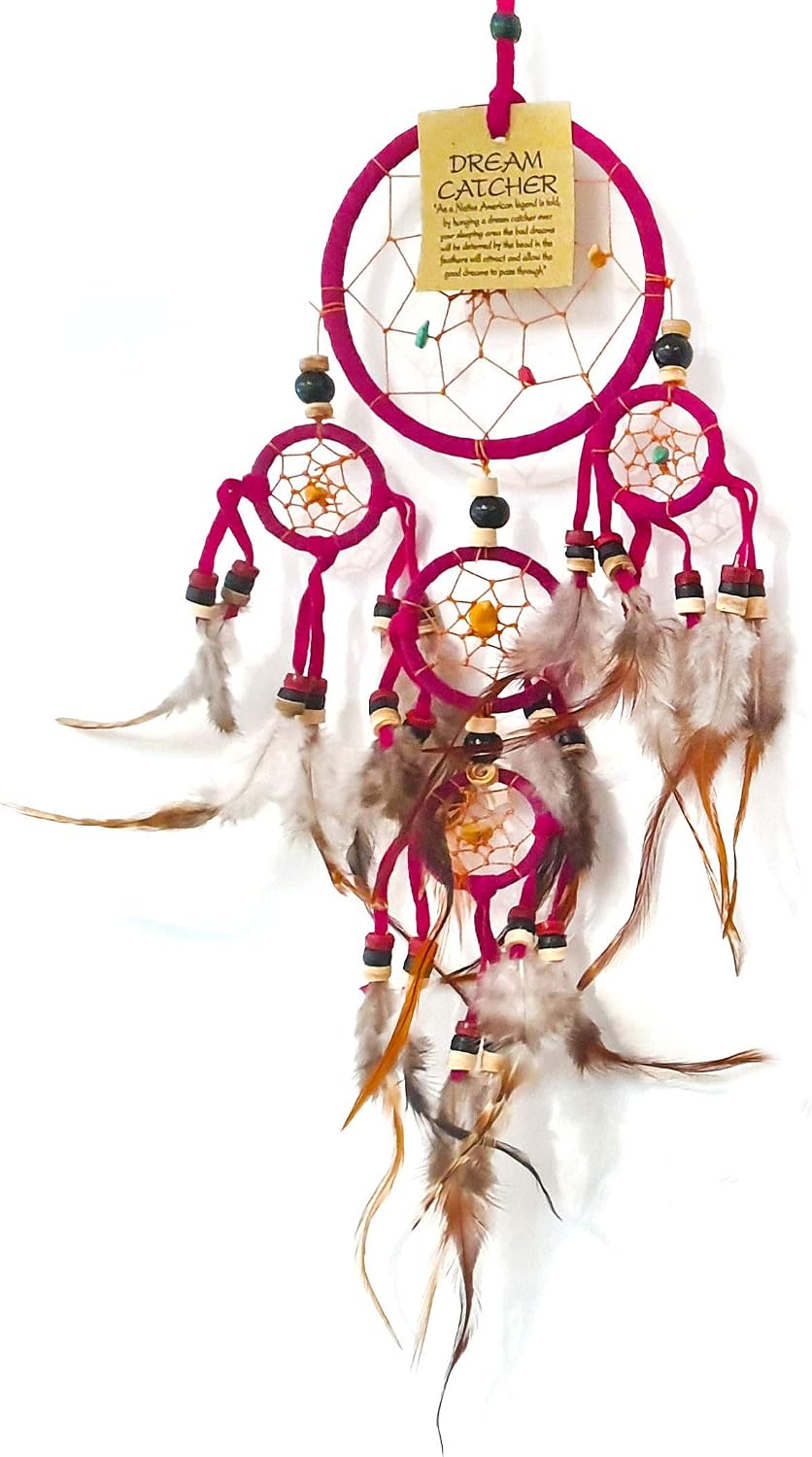 VIE Naturals Dream Catcher, Beaded, 9cm 4 Smaller Rings, Pink, One