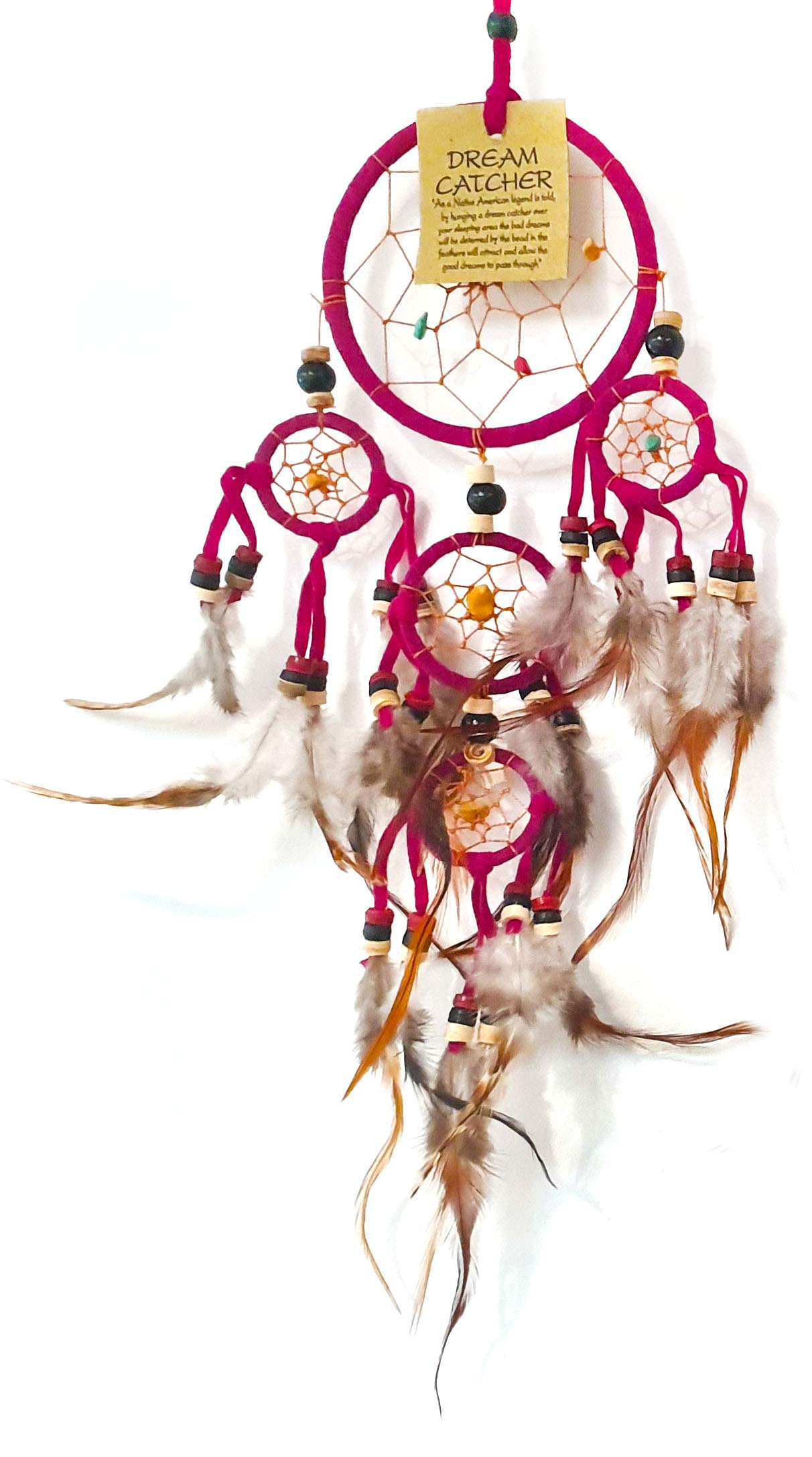 VIE Naturals Dream Catcher, Beaded, 9cm 4 Smaller Rings, Pink, One