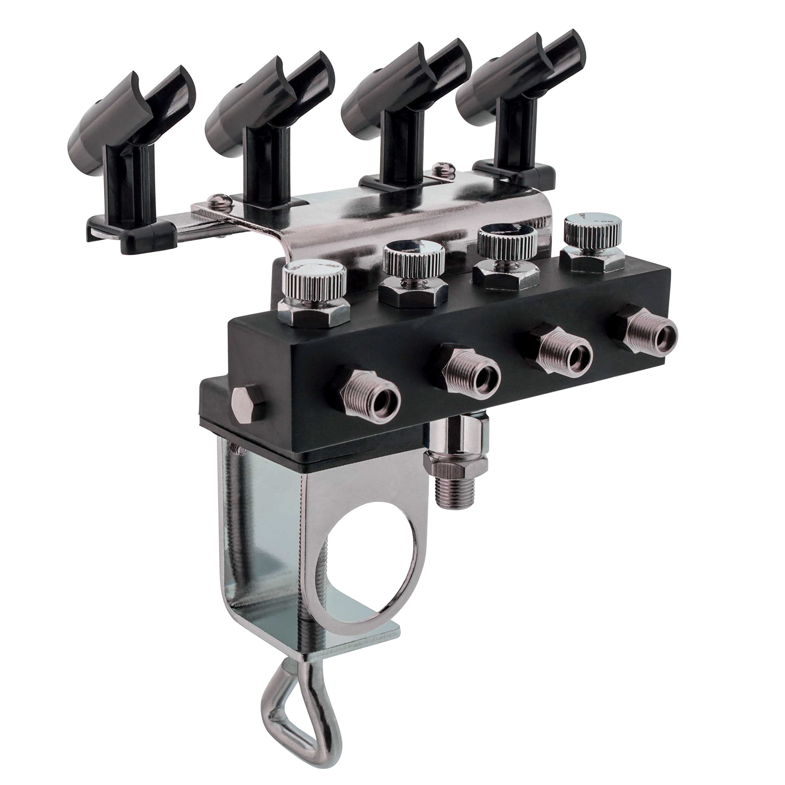 Master Airbrush Holder Station with 4-Way Air Splitter Manifold, Holds Up To 4 Airbrushes - Clamp on Work Table, Benchtop, Mount onto Compressor Air Filter Regulator - Regulated Hose Airflow Pressure