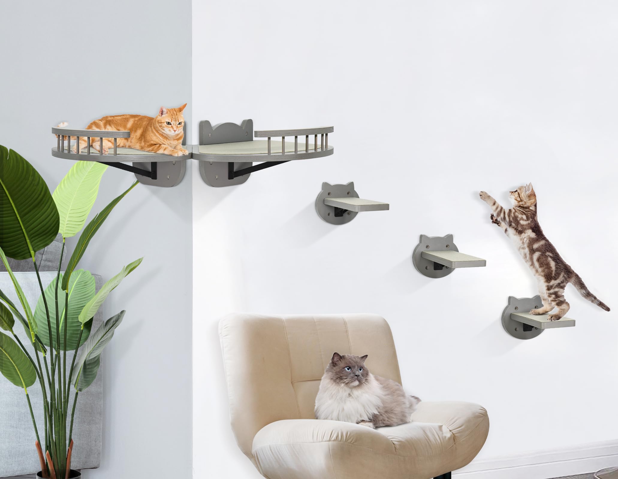 Photo 1 of Y&ME YM Cat Wall Shelves, Shelves and Perches for Wall, Wood Mount, Furniture with 3 Steps Scratch Post, Indoor Climbing Shelf Living Room, Bedroom (Gray), Gray-2 Shelves+3