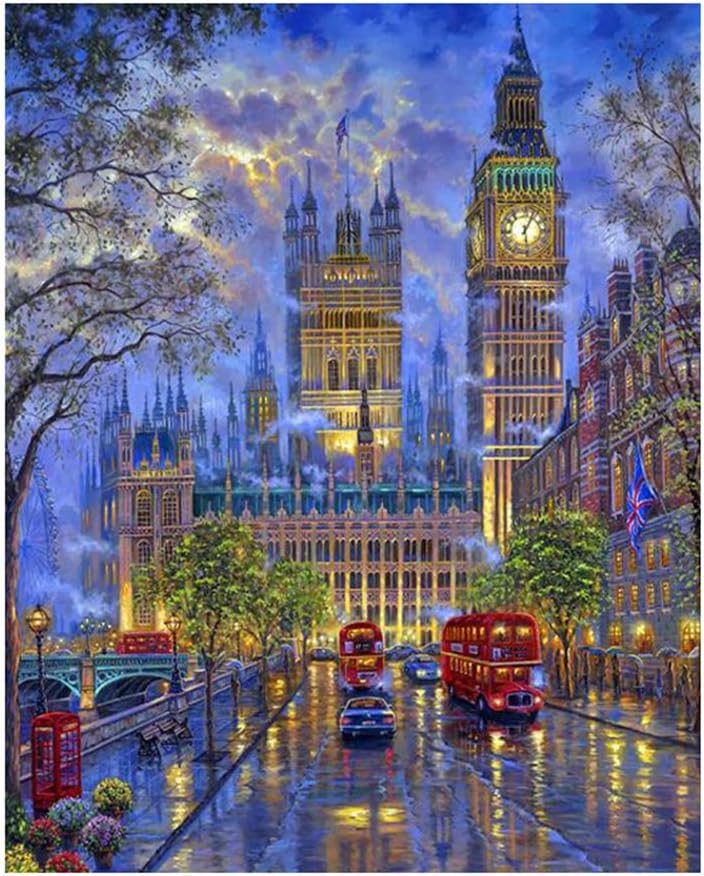 LanMent Painting by Number London Big Ben, Drawing DIY Paint by Number Kits for Adults Beginners Kids Teens Drawing with Brushes Canvas Orange Yelllow Brown 16x20inch