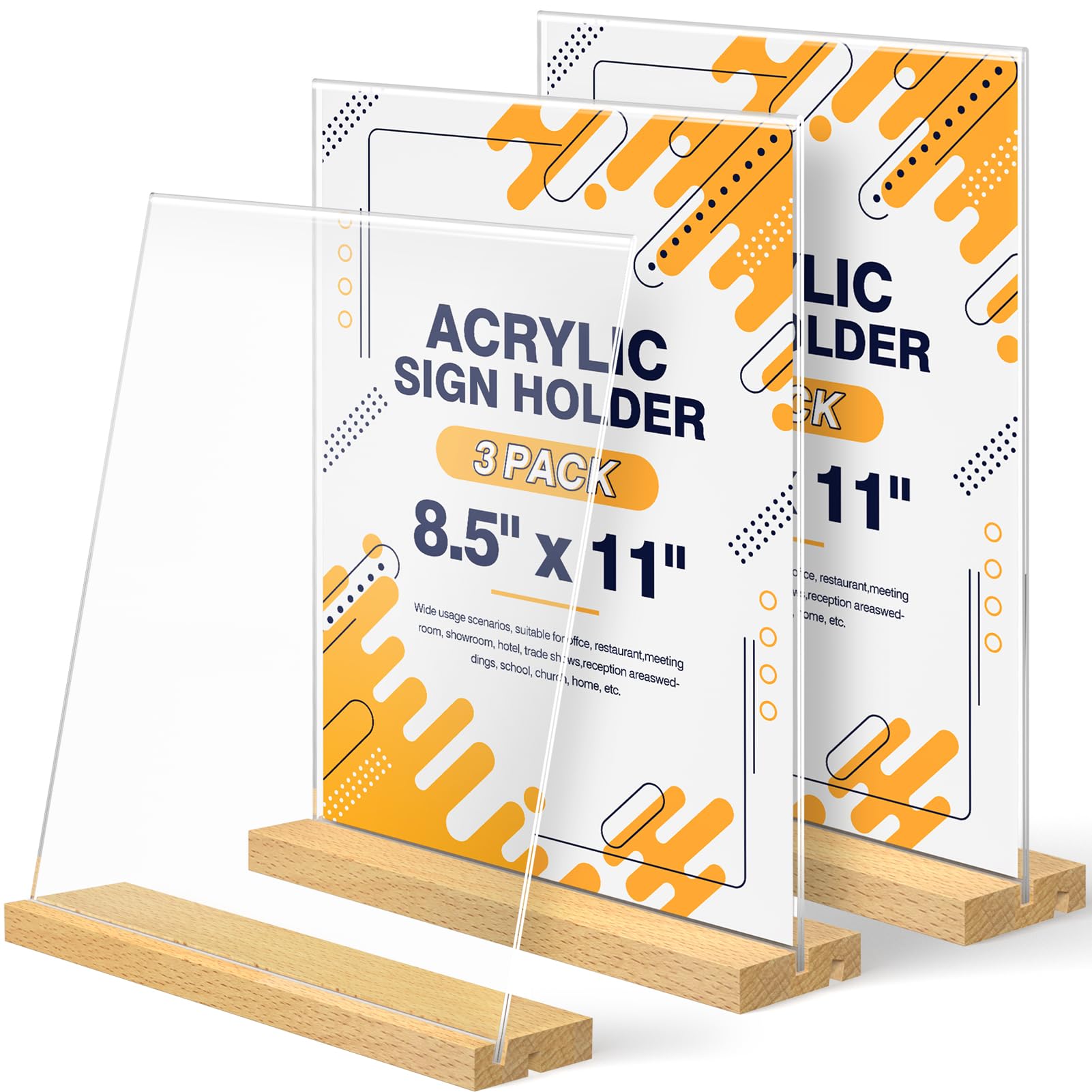 Photo 1 of 8.5 x 11 Acrylic Sign Holder with Wood Base - Tabletop Display Menu Stand - Clear Plastic L/T Shape Vertical or Slant Back Paper Holders - 3 Pack