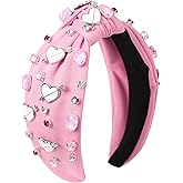Gmmidea Valentines Knotted Headband for Women Valentine’s Day Gifts Heart Hair Accessories Rhinestone Crystal Red Pink Heart Headband Jeweled Wide Knot Hairband Galentines Day Party Favors