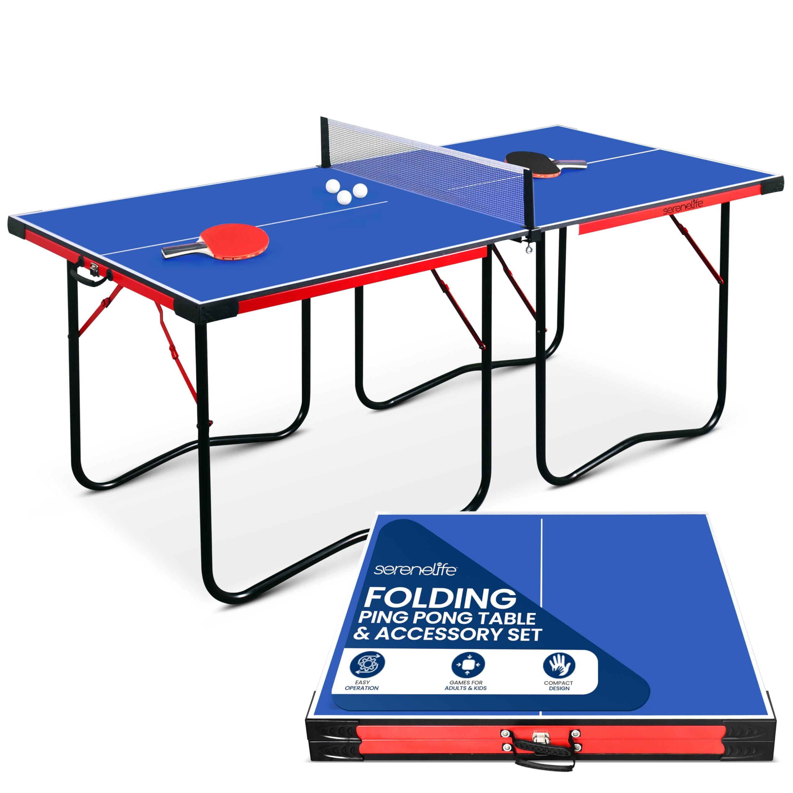 Photo 1 of SereneLife Midsize Portable Ping Pong Table Set with Net, Clipper, Post, 2 Paddles, 3 Balls - 6’ x 3’ Foldable Space-Saving Design