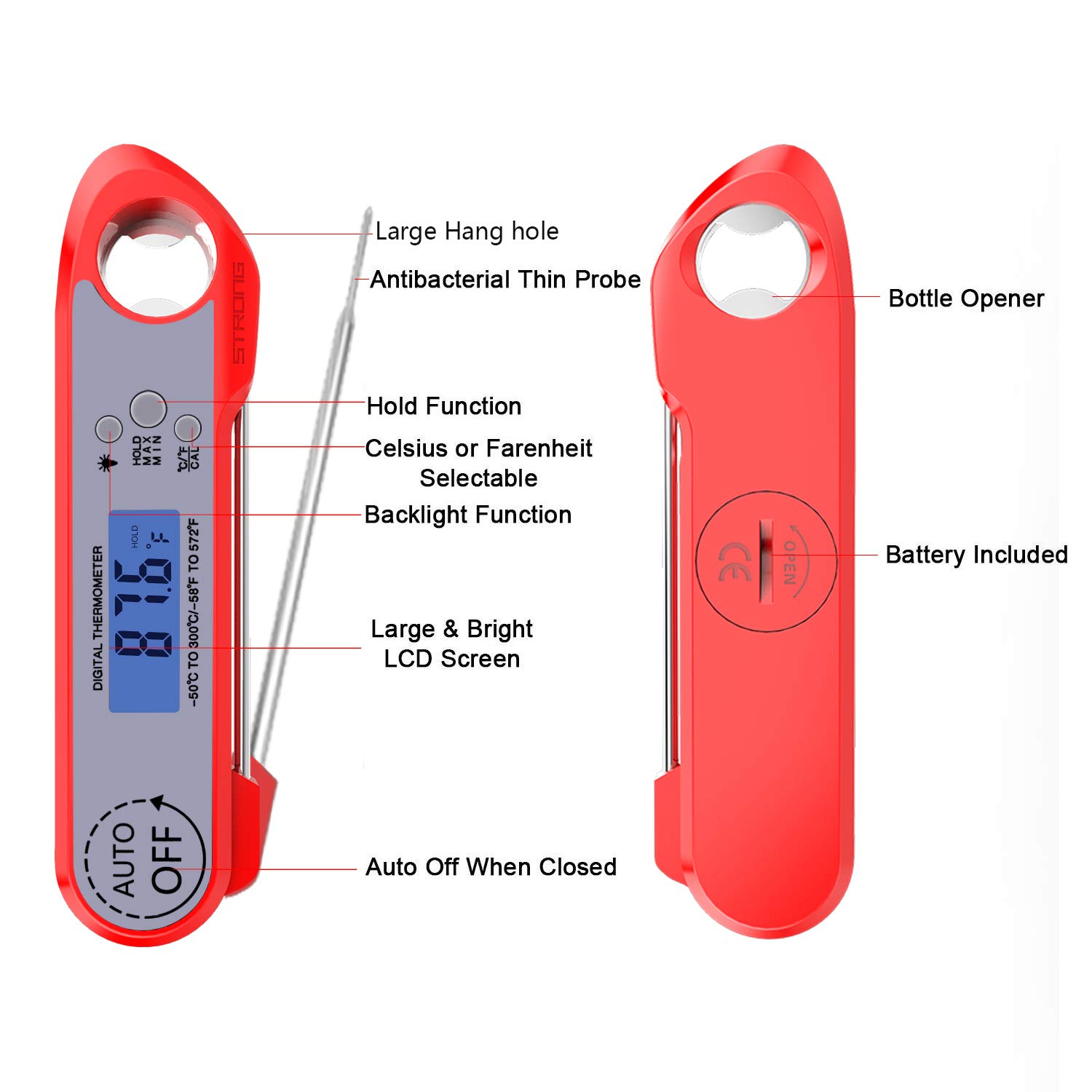 Meat Thermometer, Digital Instant Read Food Thermometer Waterproof with Folding Probe/Backlight/Hold Function and Bottle Opener for Cooking