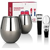 TenTen Labs Stainless Steel Stemless Wine Glasses (Set of 2) with Wine Aerator and Stopper - 18oz - Unbreakable Wine Glass for Outdoors, Travel, Camping and Pool - Gunmetal Grey