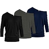 3 Pack Dolman Tops for Women Off The Shoulder Tops Banded Waistband Shirts 3/4 Sleeves Regular and Plus Size Tops Value Pack