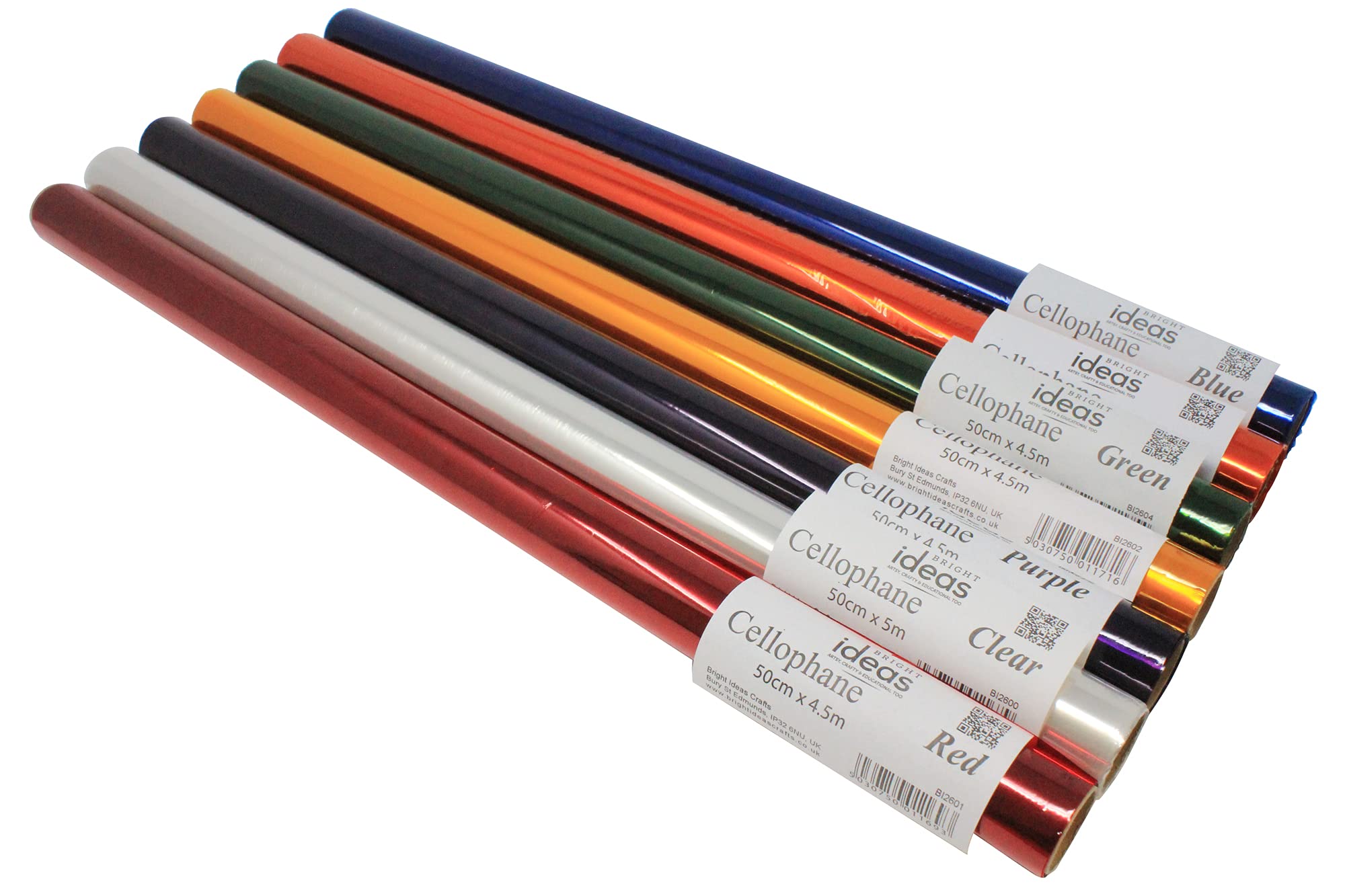 Bright Ideas Cellophane Rolls, PK07 Assorted Colours 50cm x 5m & 4.5m Gift Wrapping Cellophane for Florist Bouquet Gift Hamper Basket Wrapping, Scrapbooking Assortment. BI2608.