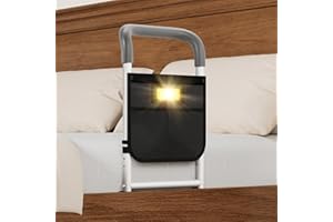 HOMEAL Bed Rails for Elderly Adults Safety, Adjustable Bed Assist Rail with Motion Light, 350lbs Heavy Duty Bedside Safety Cane with Storage Pocket & Fixing Strap, Fit Standard & Adjustable Bed (Grey)