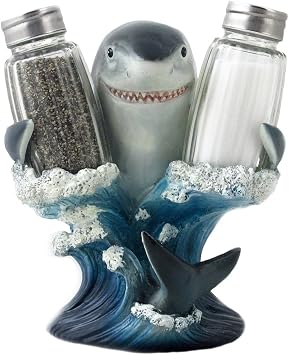 Decorative Great White Shark Glass Salt and Pepper Shaker Set with Holder Figurine for Beach Bar or Tropical Kitchen Decor Sculptures & Table Decorations by Home 'n Gifts