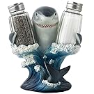 Decorative Great White Shark Glass Salt and Pepper Shaker Set with Holder Figurine for Beach Bar or Tropical Kitchen Decor Sculptures & Table Decorations by Home 'n Gifts