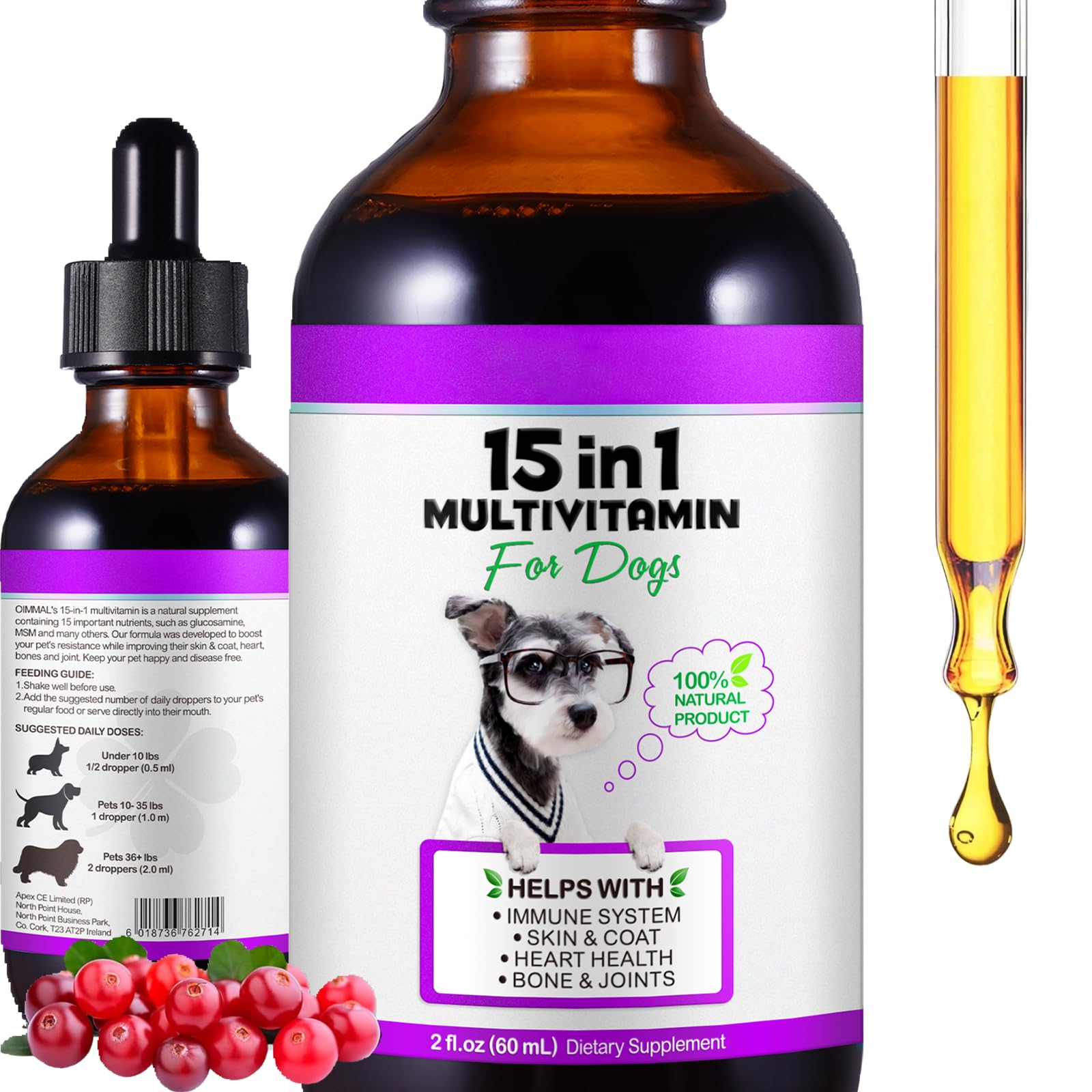 15 in 1 Dog Multivitamin Drops for Dogs - Daily Multivitamin Dog Vitamins and Supplements - Helps with Immune System, Skin and Coat, Heart & Joint Function