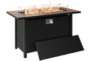 SHINTENCHI Walsunny 45 inch Outdoor Propane Fire Pit 50,000 BTU Gas Fire Pit Table with Walnut Tabletop, Glass Wind Guard, Waterproof Cover, Rectangle Gas Firepit Table for Garden/Patio, CSA Certification