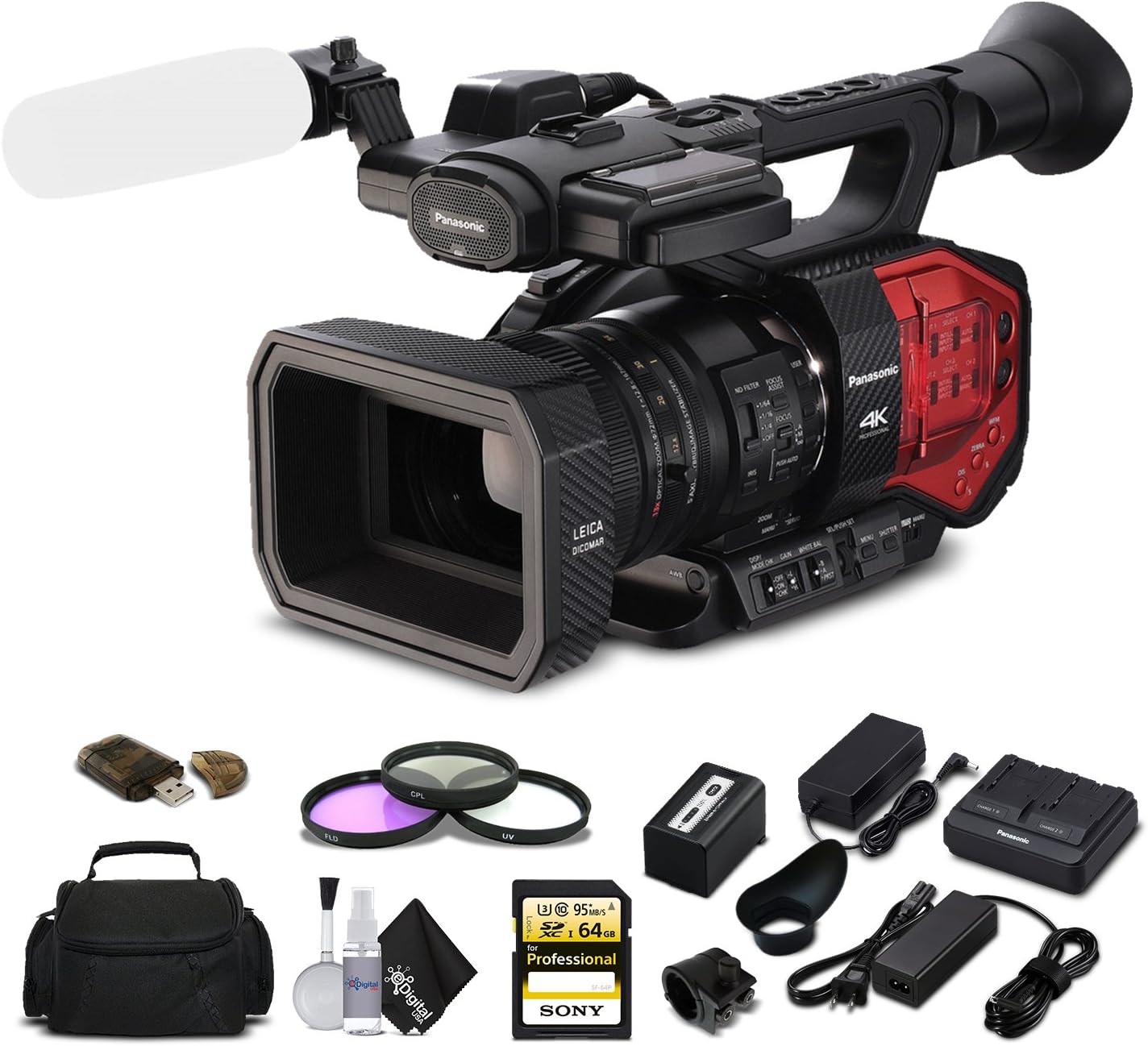 Panasonic AG-DVX200 4K Camcorder with Four Thirds Sensor and Integrated Zoom Lens + Sony 64GB Memory Card + Case + 3 Piece Filter Kit and More - Starter Bundle