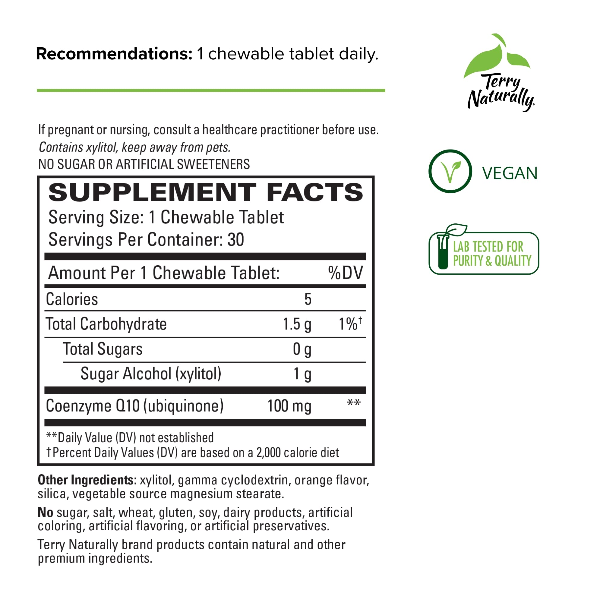 Terry Naturally CoQ10 Chewables - Cellular Energy Support Supplement - Higher Absorption CoQ10 Chewable Supplement - Nutritional Supplement to Aid Healthy Aging & Brain Health - 30 Chewables