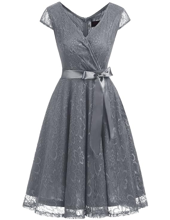 Dresstells Elegant Spitzenkleid Knielang V-Ausschnitt Brautjungfernkleid Cocktailkleid Abendkleider