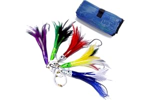 KUNSILANE Trolling Tuna Lures Fishing Saltwater Lures Set of 6 Colors 6.5 Inch with Fully Rigged Teasers Squid,Bullet Head Offshore Jet Head Metal for Dolphin Waho