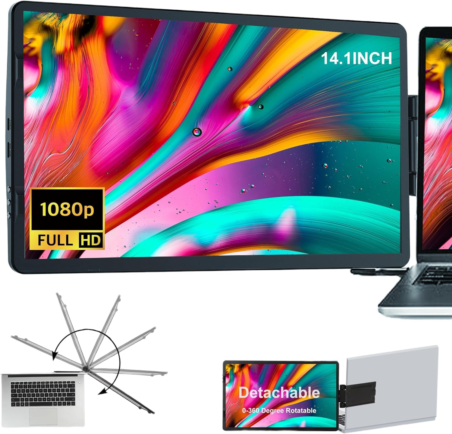 Photo 1 of 14inch Portable Monitor - 360 Rotatable USB Laptop Dual Screen, Plug and Play for Mac, PC, & Chrome