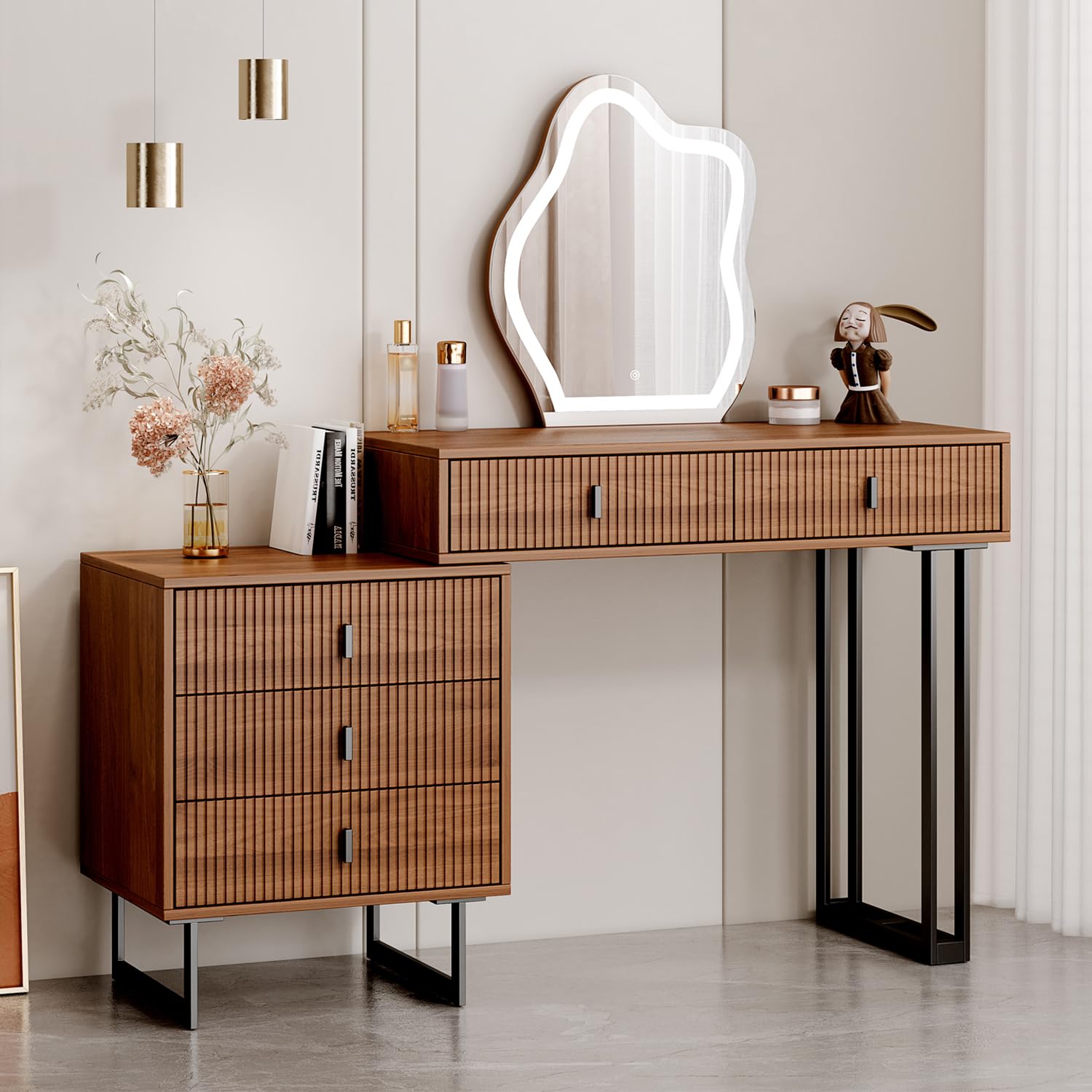 Photo 1 of Ieejdn Brown Vanity Desk with Mirror and Lights,Small Makeup Vanity with 5 Drawers?Modern Makeup Table with Adjustable Cabinet for Bedroom,Makeup Room