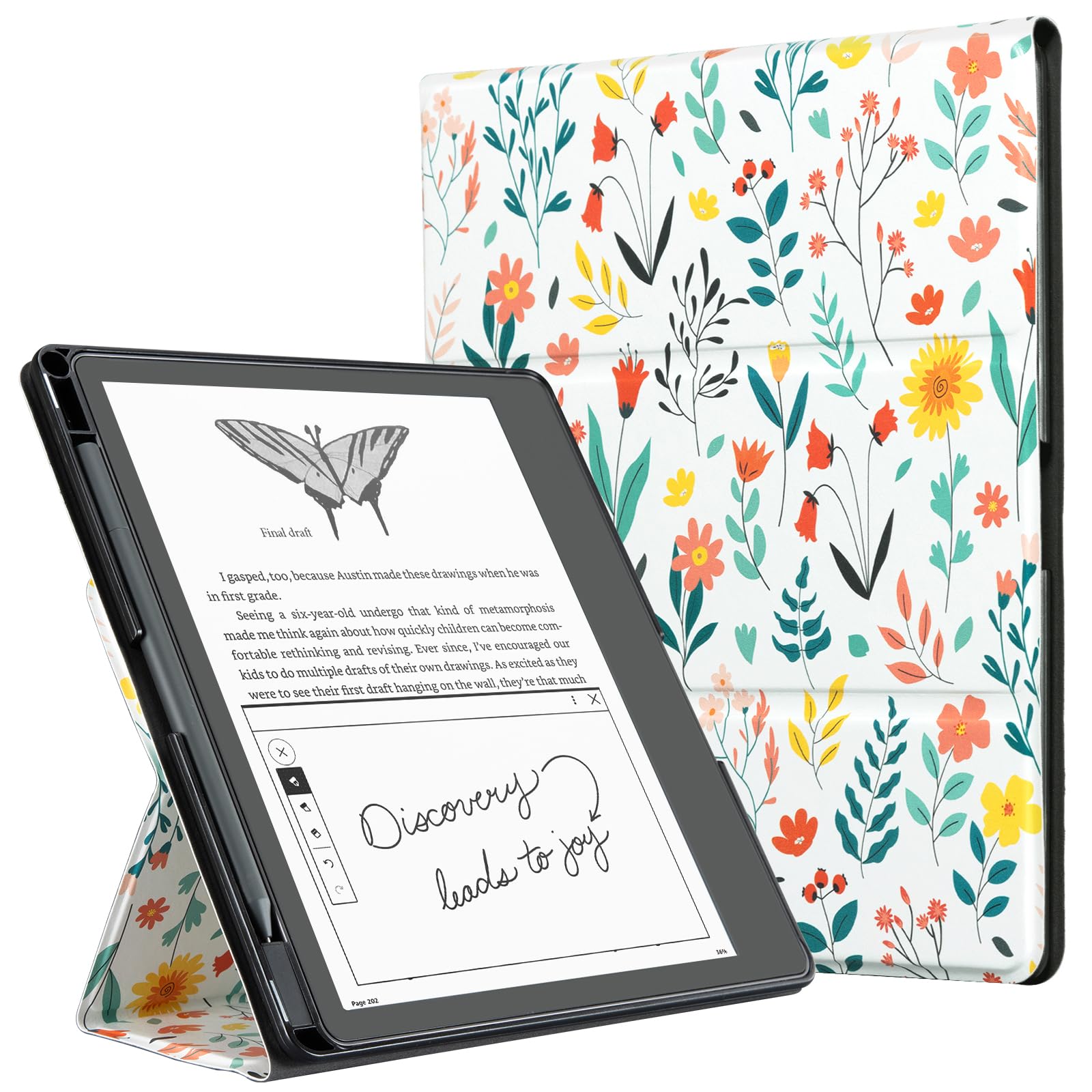 CoBak Tri-fold Case for New Kindle Scribe 2024/2022 Released - Premium Folio Leather Cover with Pen Holder, Auto Sleep/Wake, and Stand Feature Compatible with 10.2" Kindle Scribe, Flower Bushes