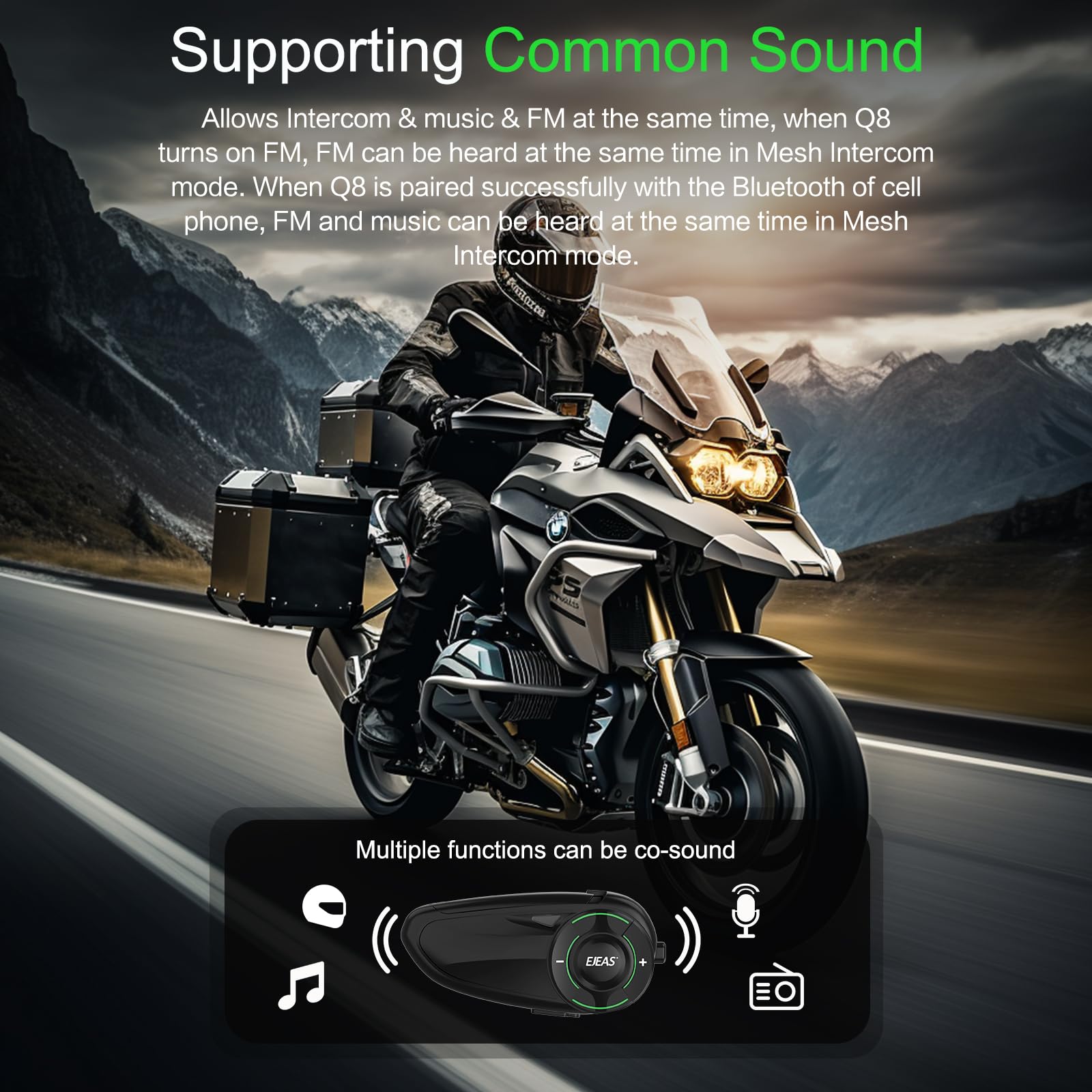 EJEAS Q8 1PC Motorcycle Bluetooth Headset, Upgraded Mesh 3.0 Intercom System with Music Sharing and IP67 Waterproof for 6 Riders Group Talking