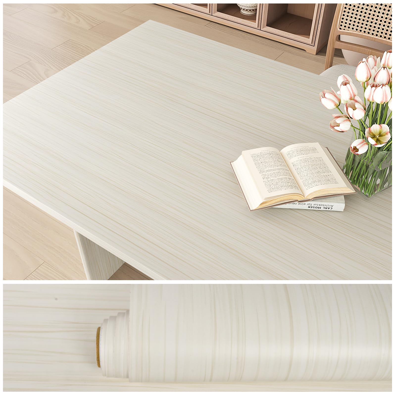 White Wood Contact Paper – Peel And Stick Wallpaper, Wood Grain, Waterproof Vinyl, 17.7"x118", 14.5 Sq Ft, Stain Resistant