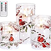 Guiqulai 3 Pack Red Bird Glass Flameless Candles, Christmas Battery Operated LED Candles with Remote Timers, Realistic Wax Pillar Candles for Xmas Bedroom Home Decor Table Ornament (3”x4”5”6”)